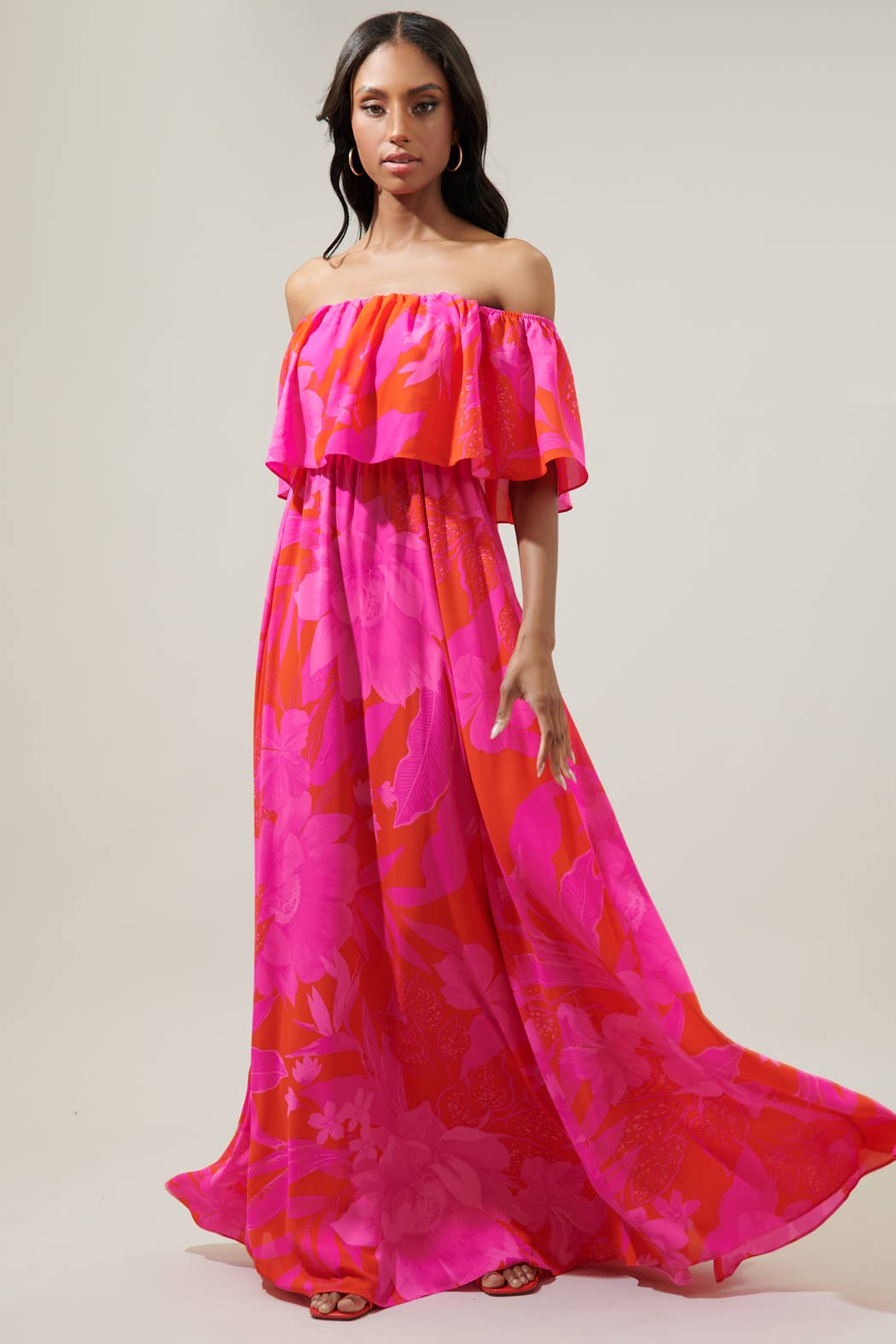 Hana Tropics Enamored Off the Shoulder Ruffle Dress: RED-FUCHSIA-MULTI