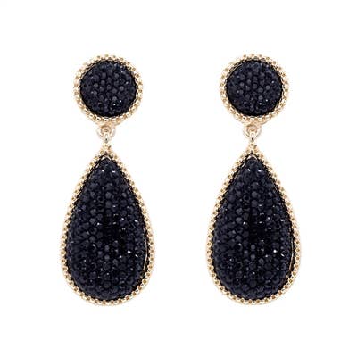 Black Pave Stone Two Drop Teardrop 1.75" Earring