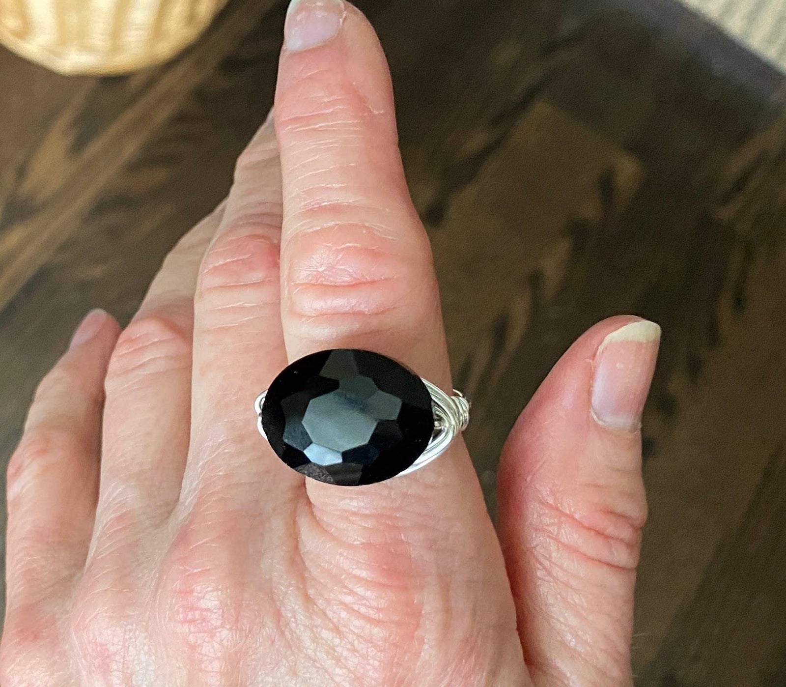 Black - Oval Crystal Wire Wrapped Ring - Silver or Gold Metal