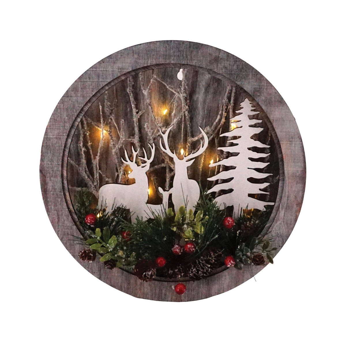 Sm Round Cut Out Deer Scene w/LED Light