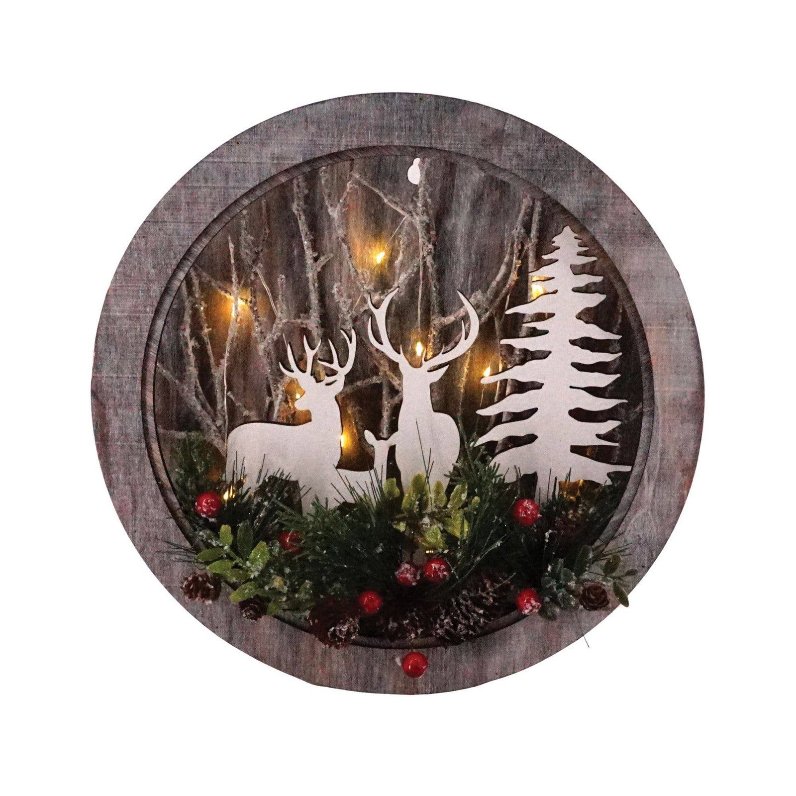Sm Round Cut Out Deer Scene w/LED Light