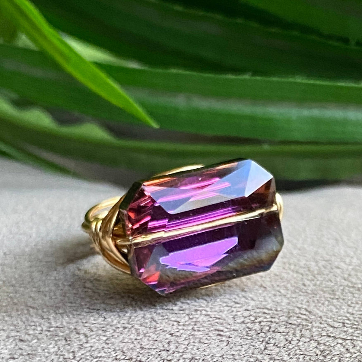 Purple - Crystal Ring Cocktail Statement Silver Wire Wrapped: Purple / Sterling Silver Plated