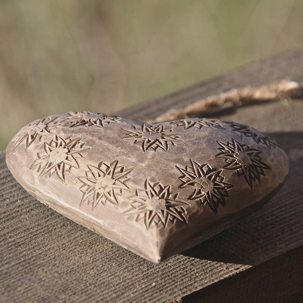 Edelweiss carved wooden heart