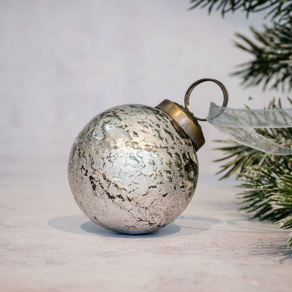 2" Medium Silver Antique Foil Glass Christmas Bauble