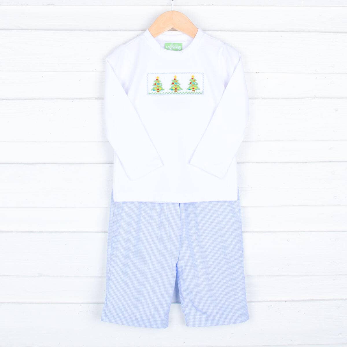 Smocked Trees Light Blue Gingham Pant Set