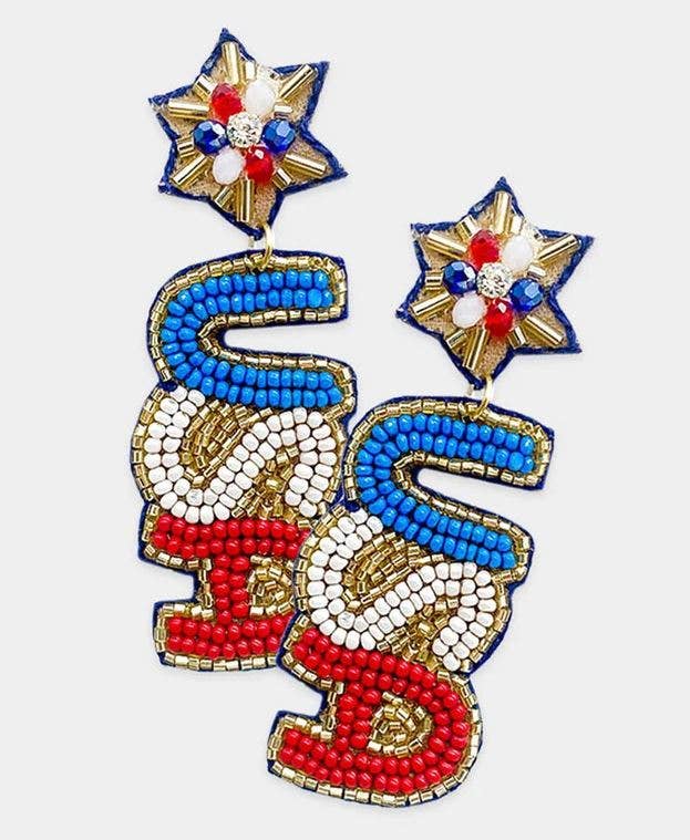 Earring  Patriotic Red White Blue USA Handmade Beaded Dangle Earrings