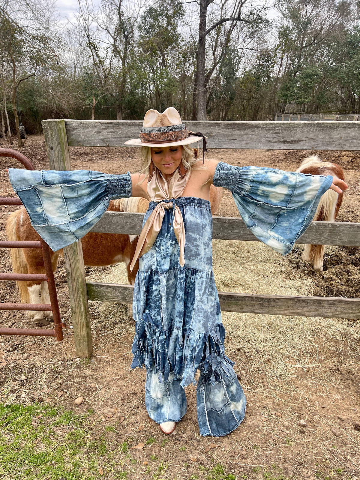 PATCH DENIM RAG SKIRT/HALTER DRESS