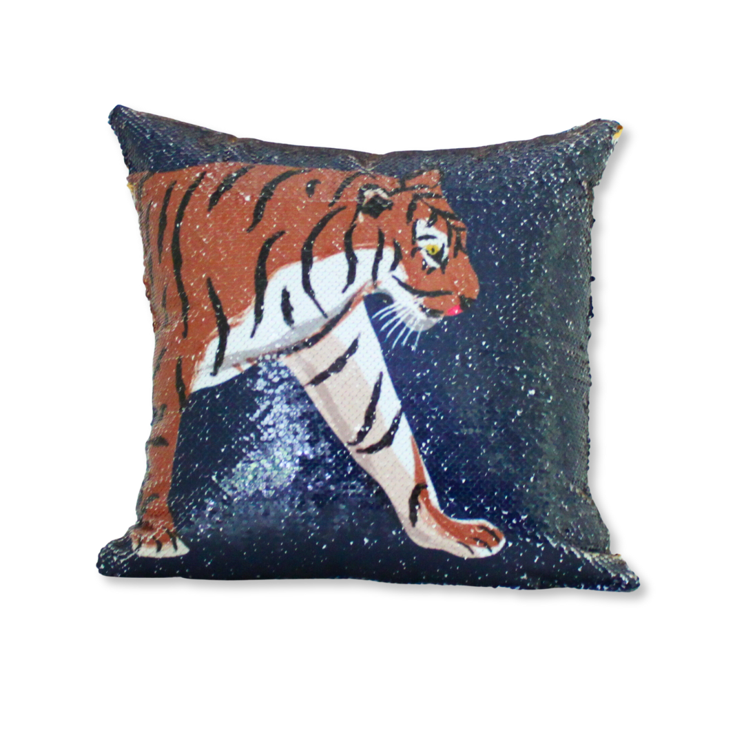 Sequin Tiger Pillow - Navy