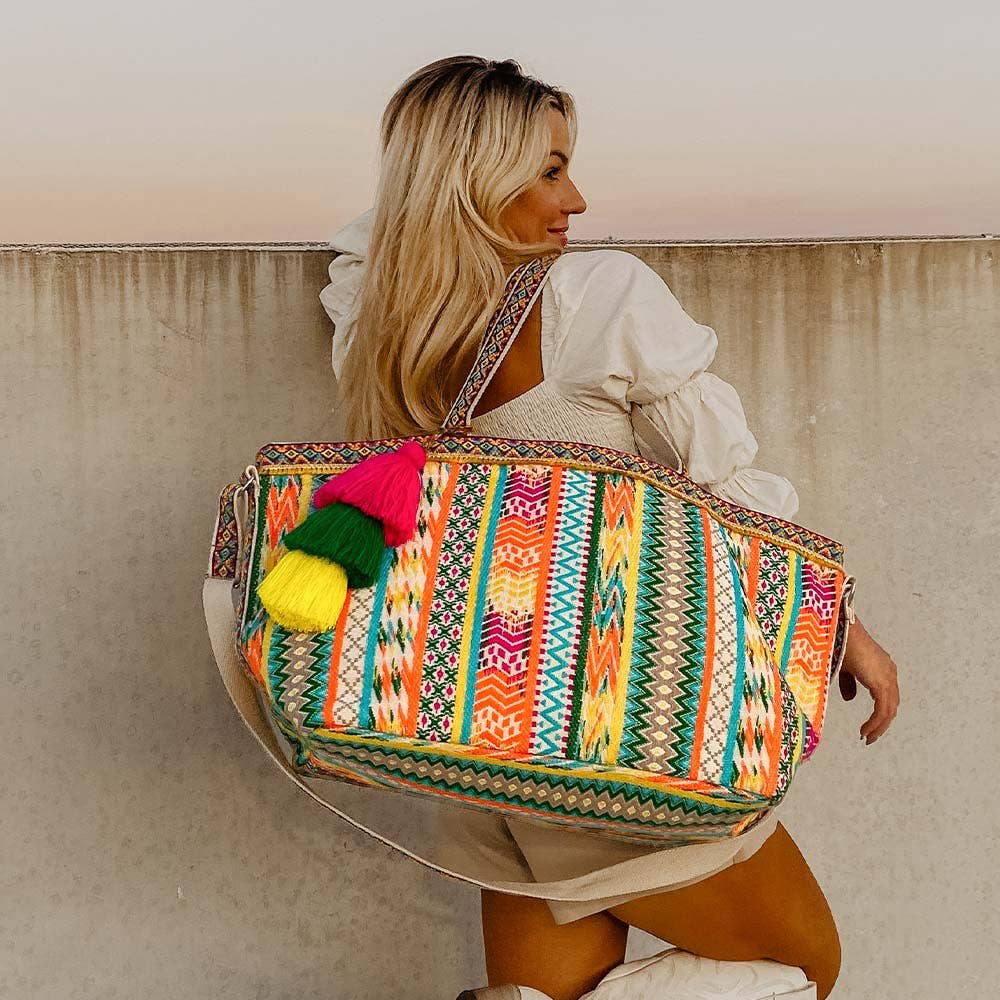 Bohemian Rainbow Weekender Bag with Layered Tassel