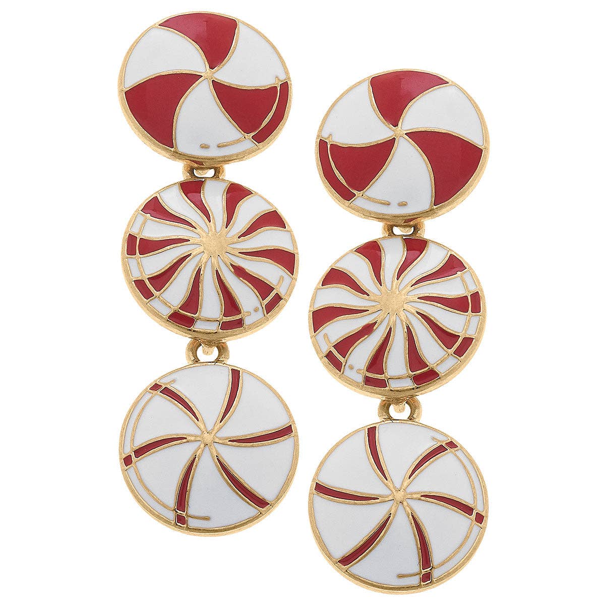 Peppermint Candies Linked Enamel Earrings in Red & White