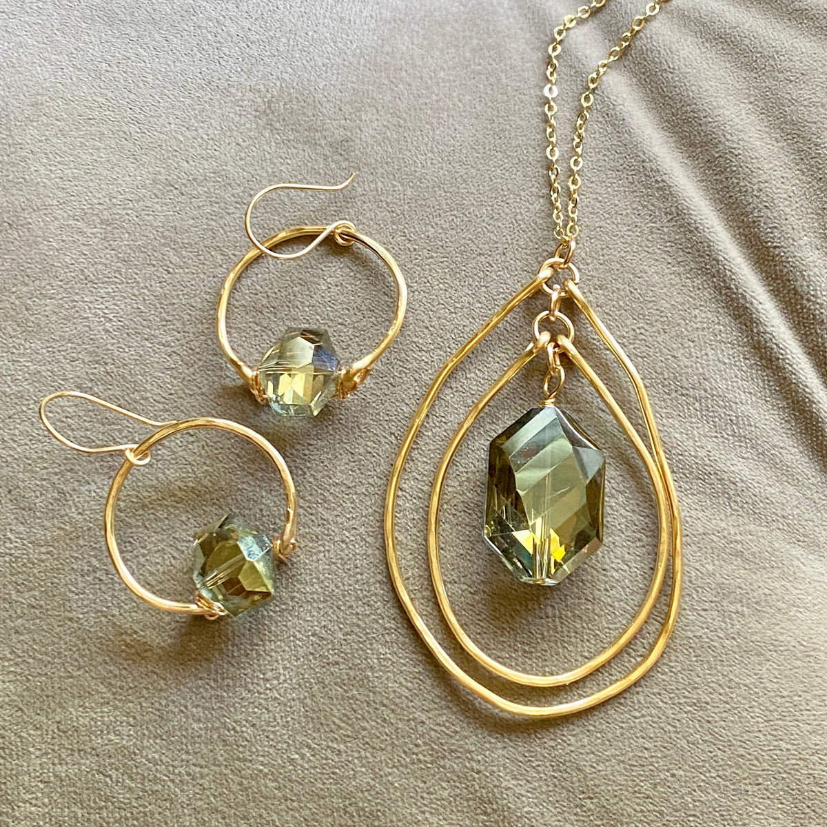 Green - Double Hoop Necklace and Matching Earrings Set Green