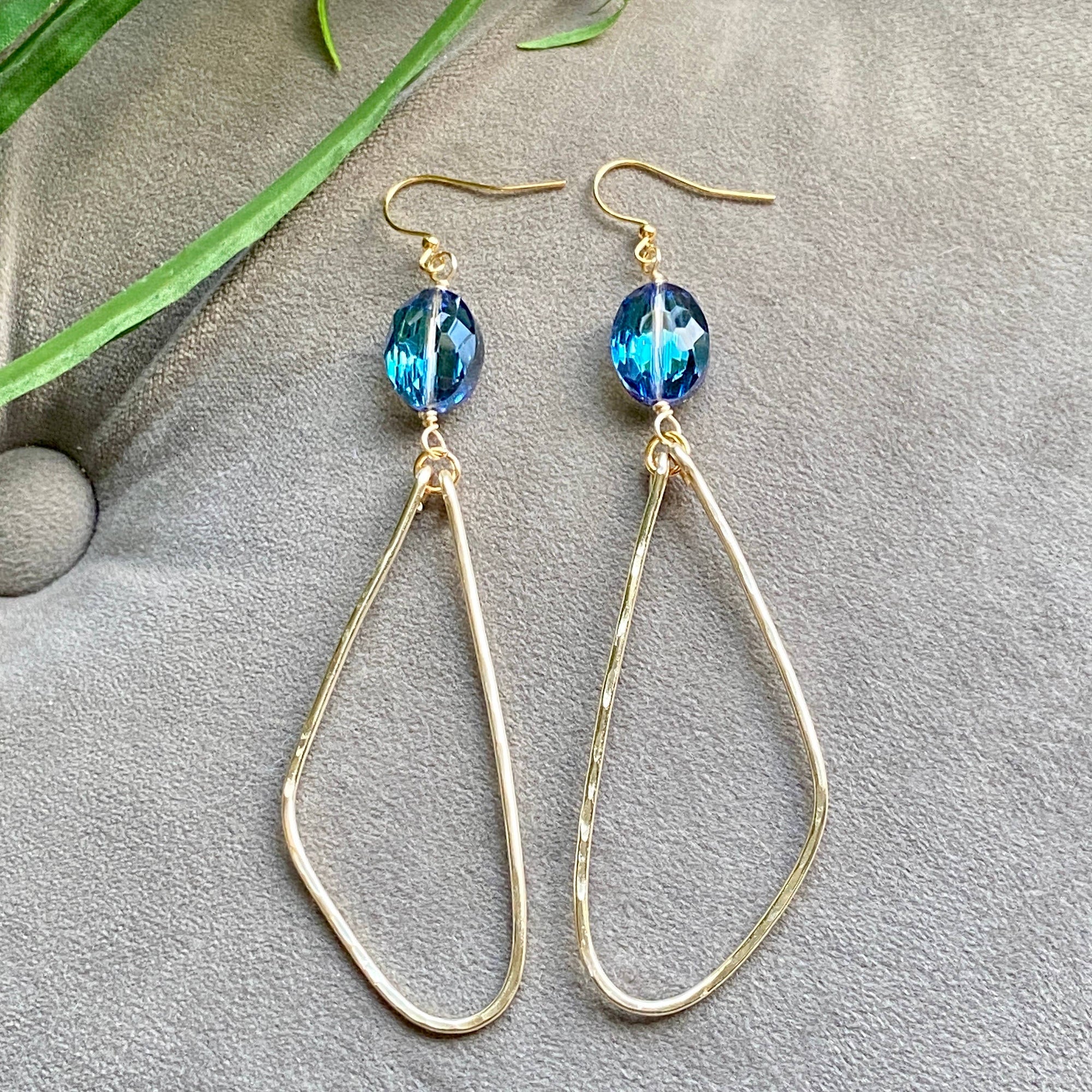 BLUE - Gold Hammered Hoop Earrings Blue Oval Crystal Organic