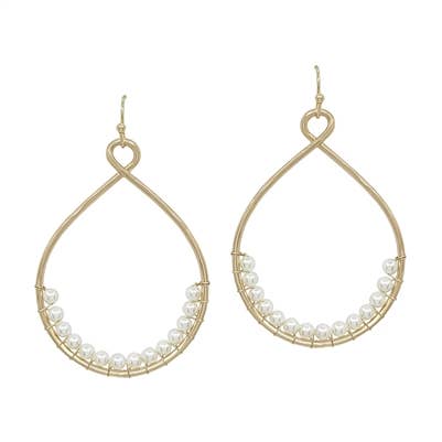 Gold Teardrop with Pearl Wood Accent 1.75" Earring