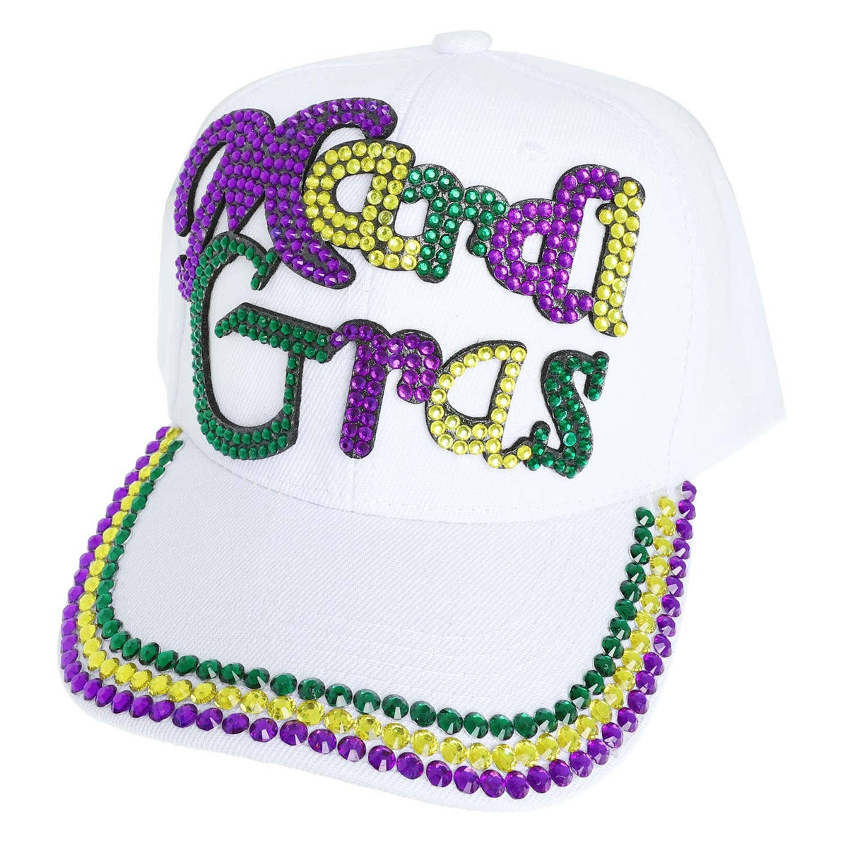 Mardi Gras Tricolor Lettering Jeweled Baseball Cap: White