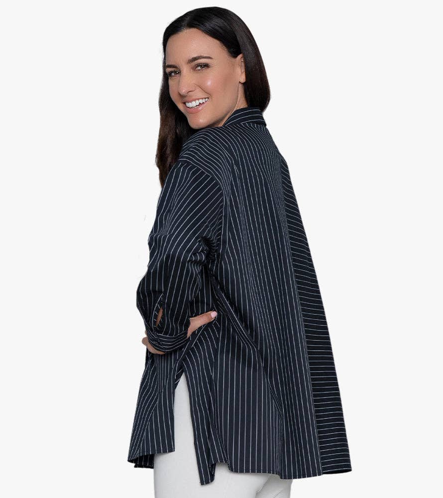 Women's Oversized Stripe Button-Front Top Attitude Shirt: L/XL / BLACK YARN DYE STRIPE