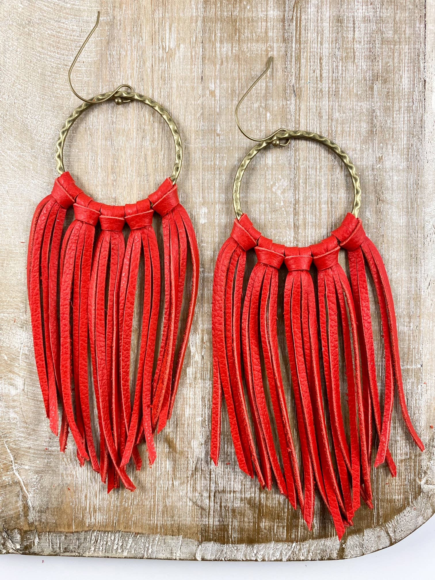 Red Hoop Fringe | Southwest large leather earrings Arkansas
