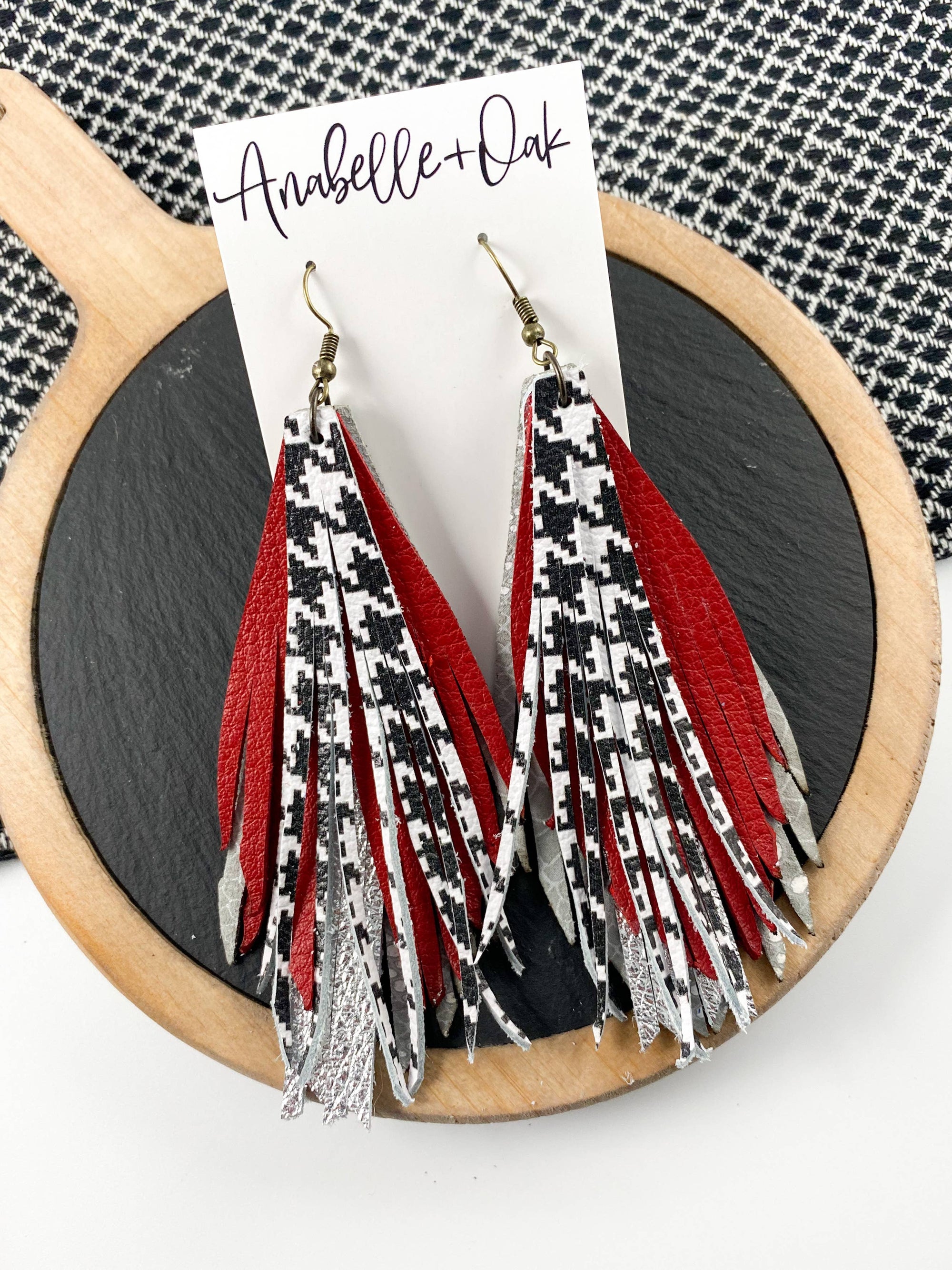 Red & Houndstooth Fringe Feathers | earrings