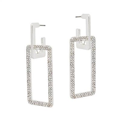 Silver Open Rhinestone Layered Rectangle 2" Earring