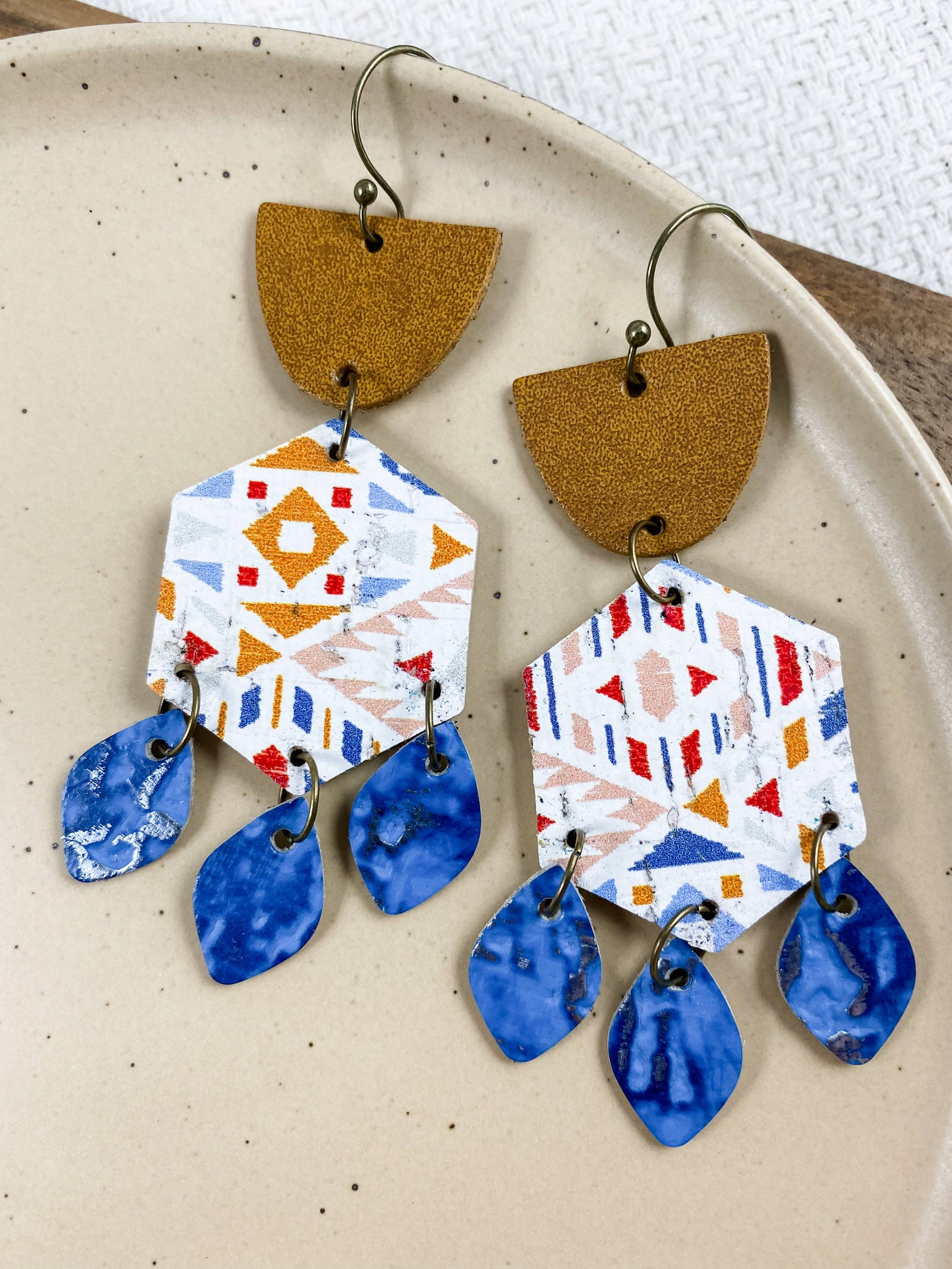 Southwest Hexagon Chandeliers | handmade leather earrings