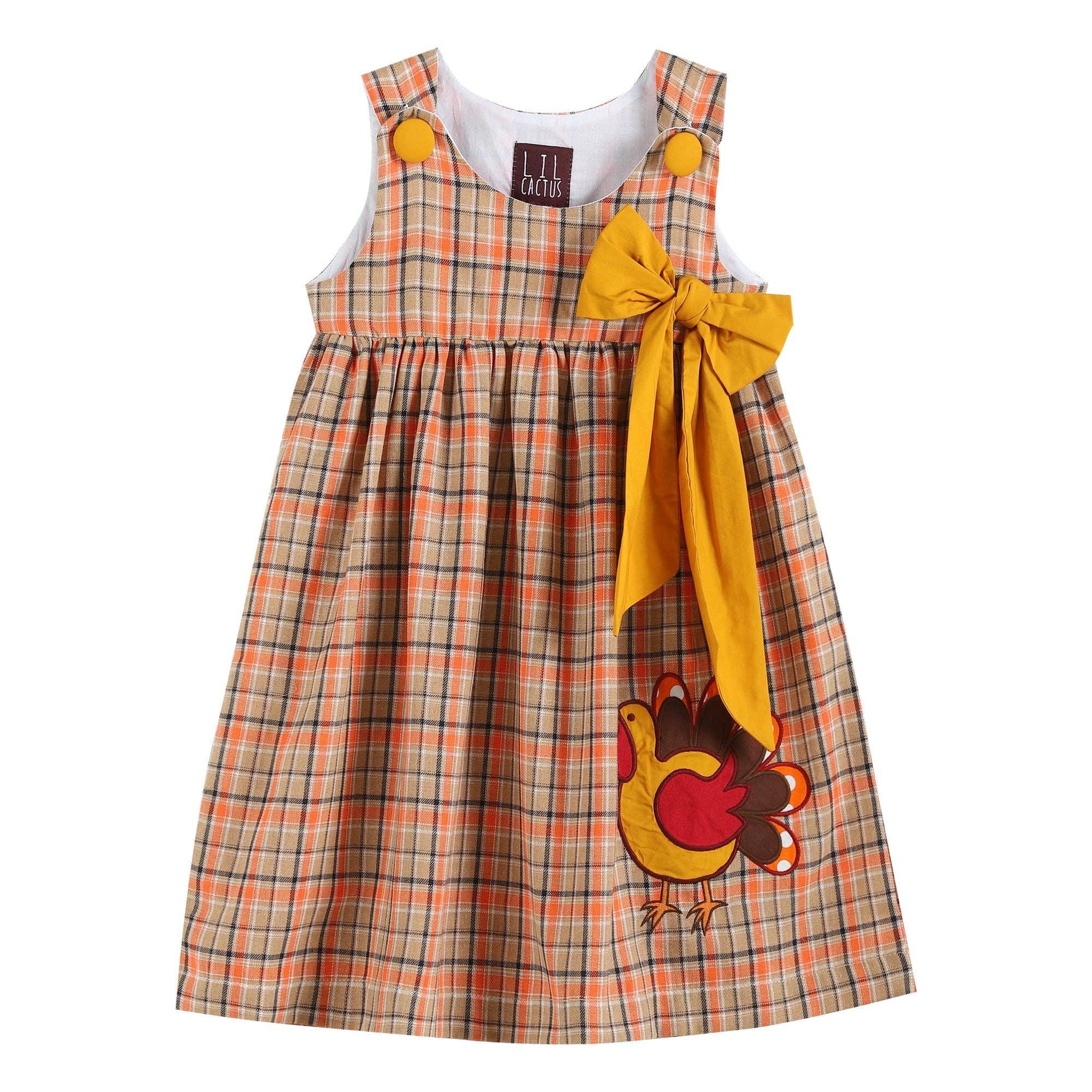 Brown & Mustard Plaid Turkey Bow Corduroy Dress