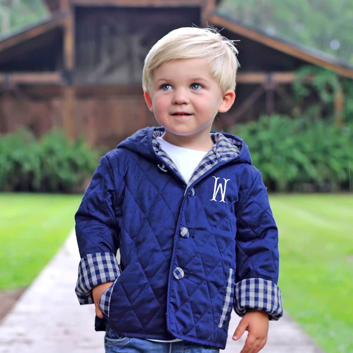 Solid Navy Quilted Hooded Coat