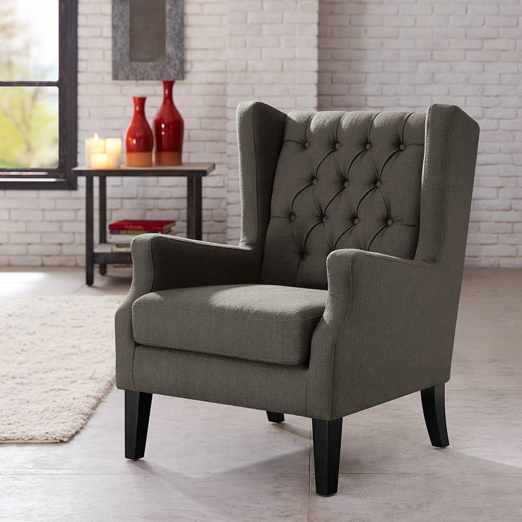 Button Tufted Accent Wing Chair, Grey