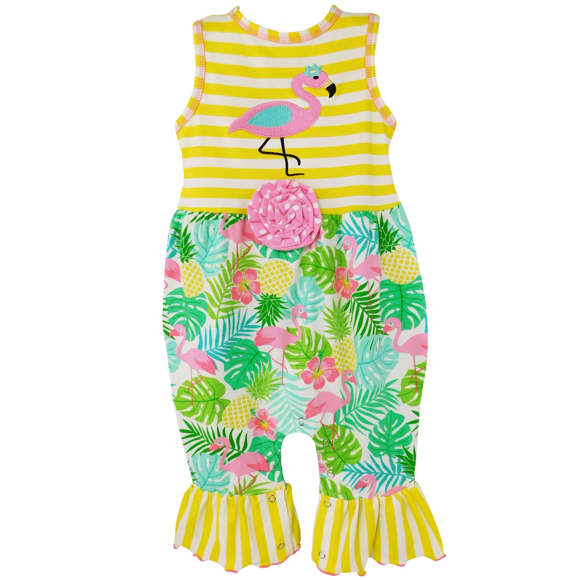 Baby Girls' Tropical Flamingo Yellow Stripes Romper Playsuit