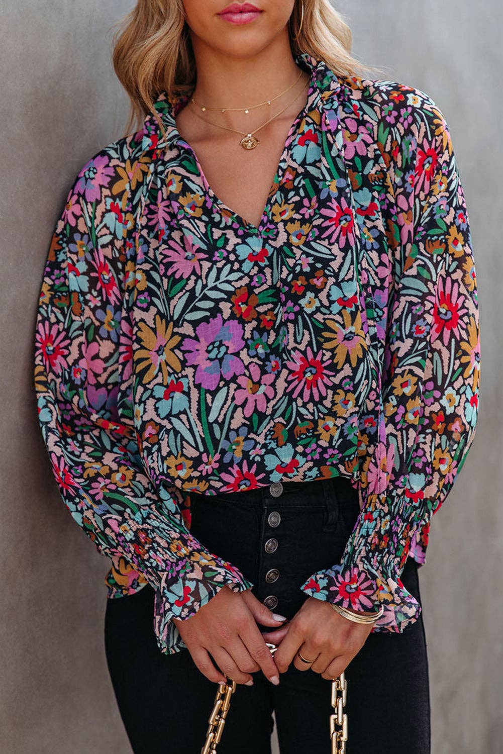 Floral Print Ruffled Long Sleeve V-Neck Blouse: Multicolor