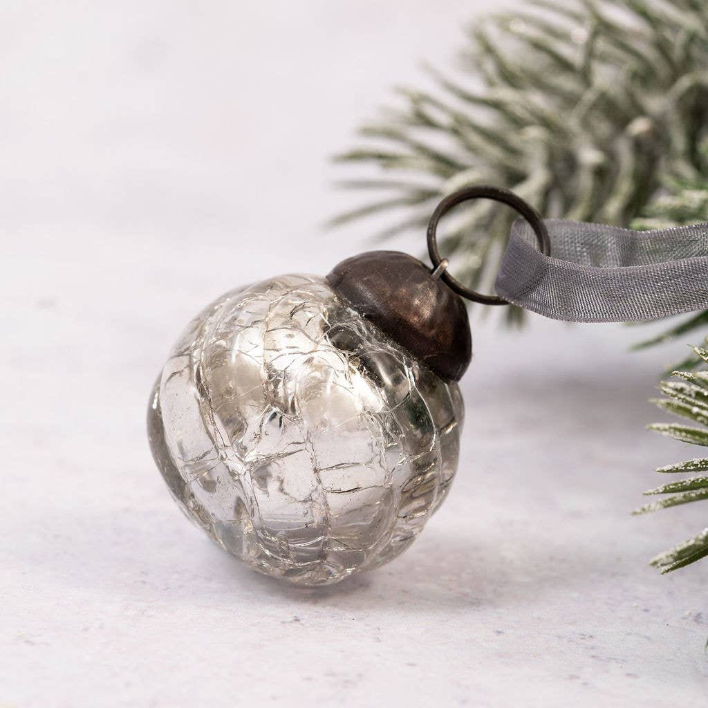 Set of 6 Small Silver 1" Crackle Glass Christmas Baubles