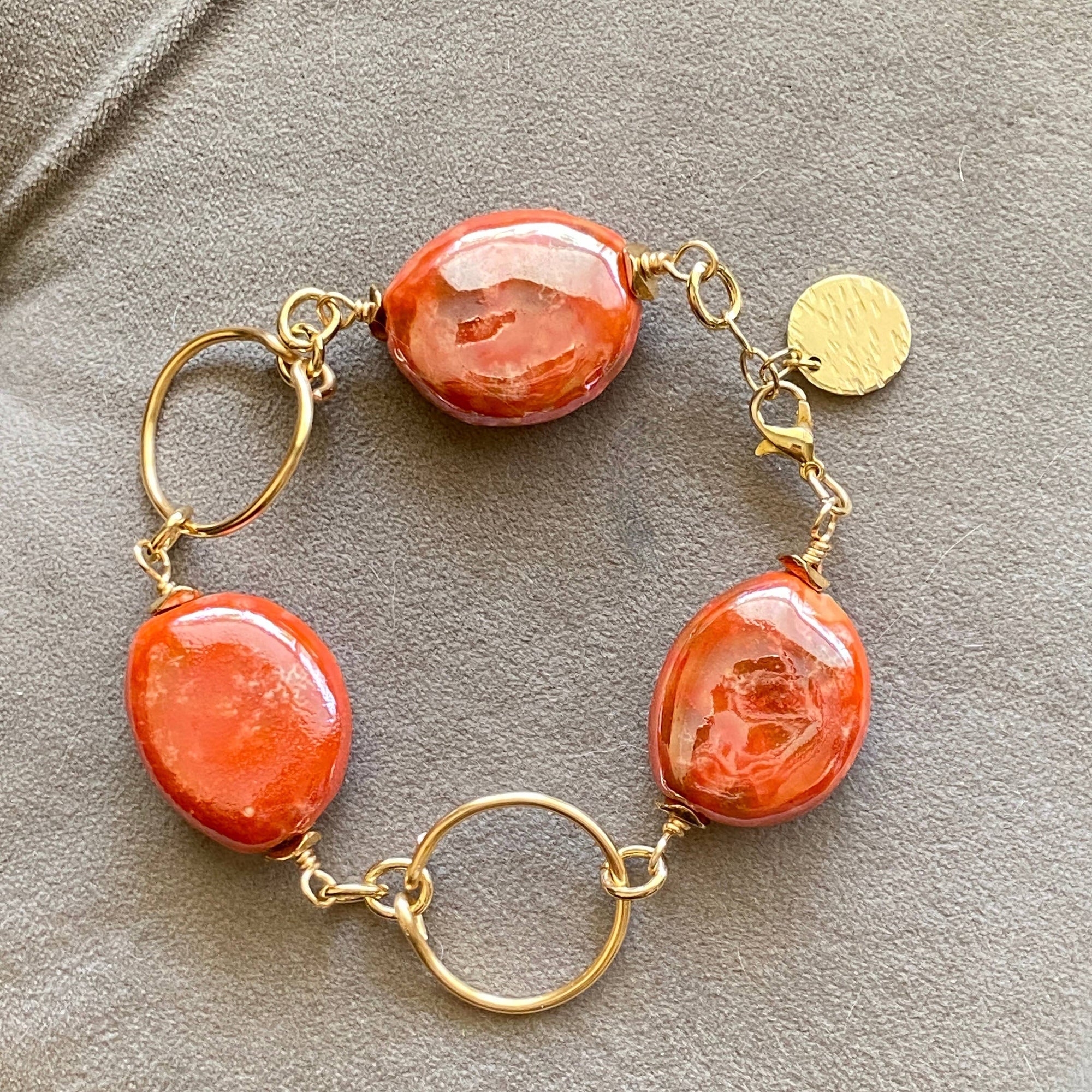 Red - Porcelain Stone Link Bracelet Gold Hand Painted