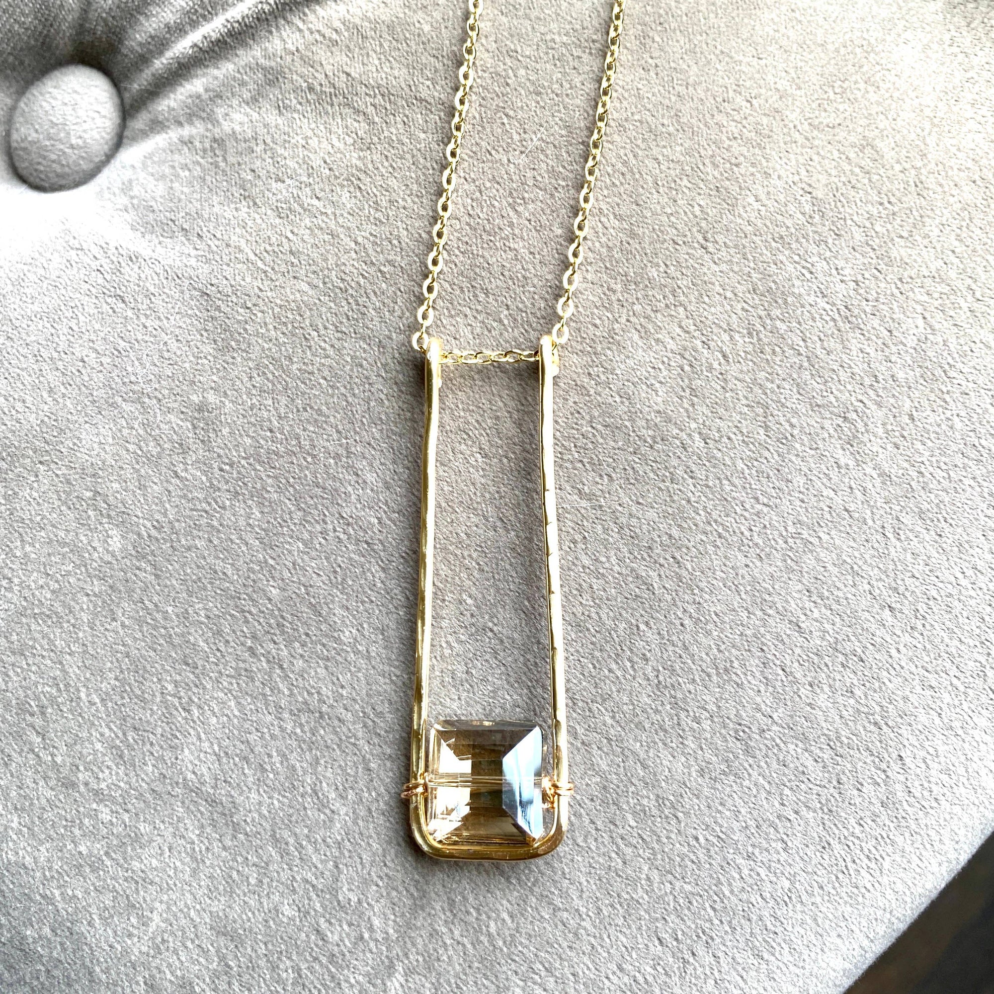 Crystal Pendant Necklace Gold  Rectangle Hammered Drop