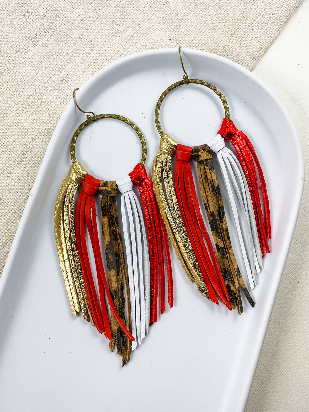 Red, White, &amp; Gold Hoop Fringe | leather leopard KC earrings