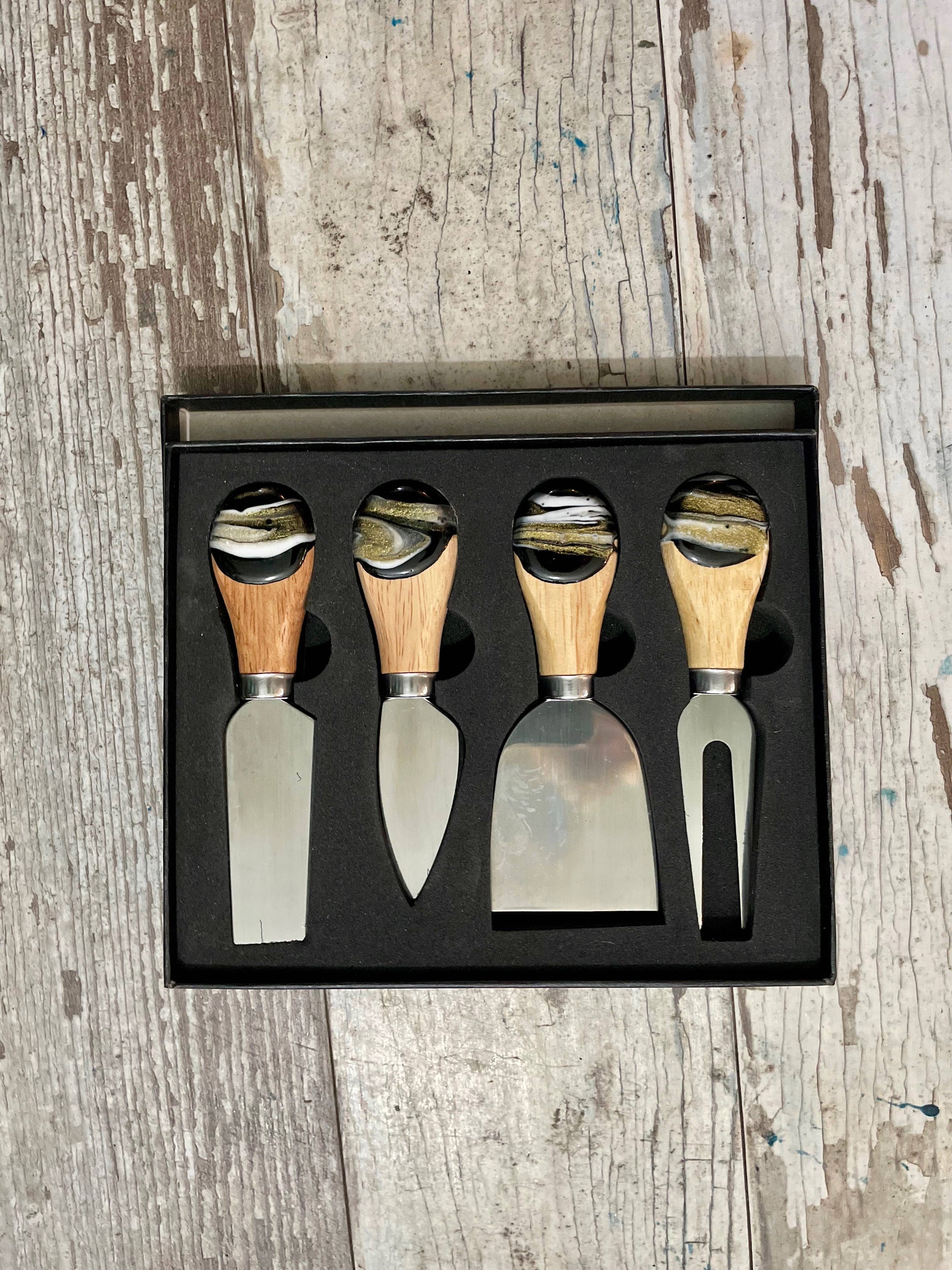 Cheese Utensil Set of 4 with black box organic resin poured