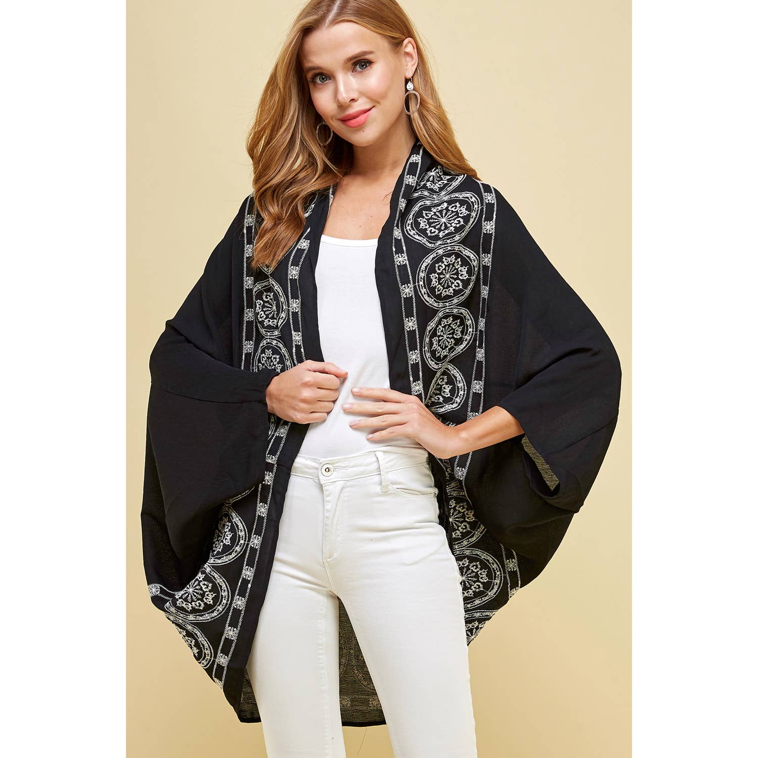 Black & Ivory Emborder Kimono