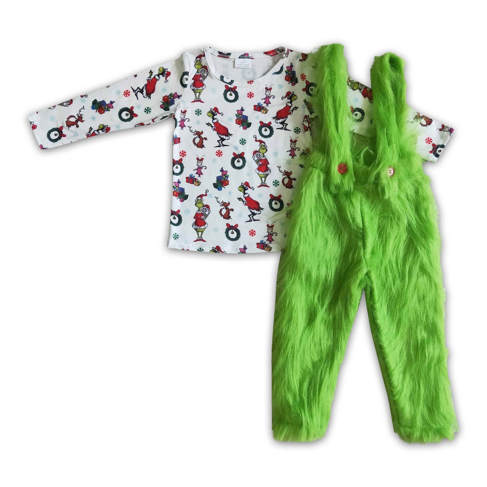 Green faux fur pants match long sleeve shirt boy Christmas outfits