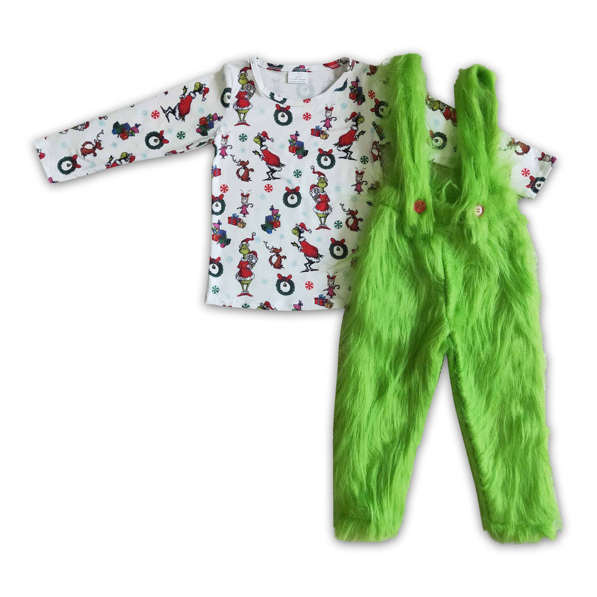 Green faux fur pants match long sleeve shirt boy Christmas outfits