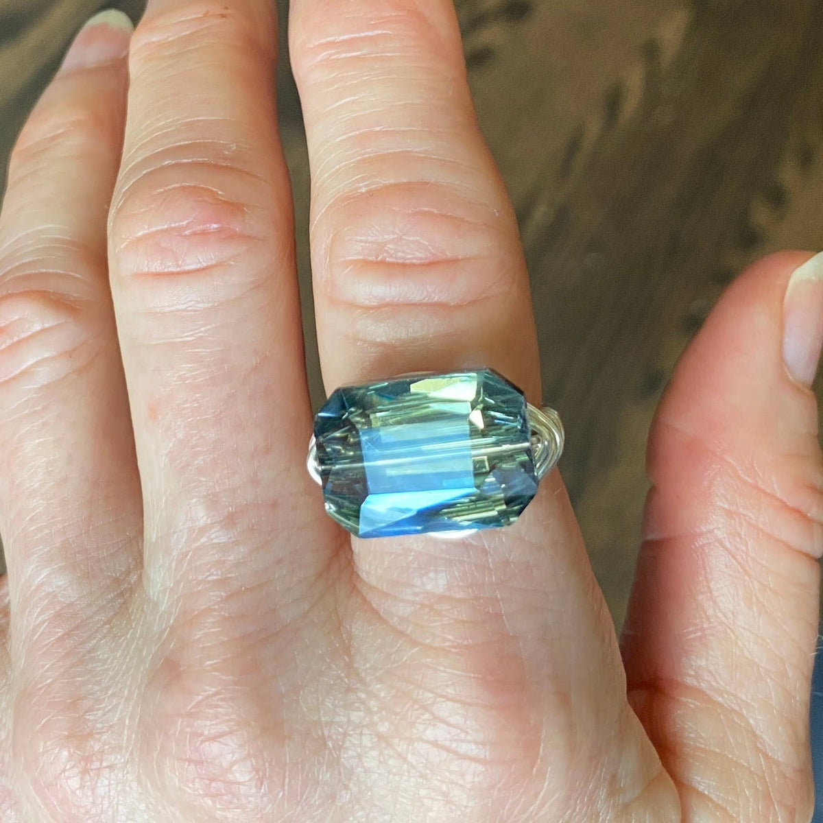 Blue -  Rectangle Crystal Gold Wire Wrapped Ring Statement