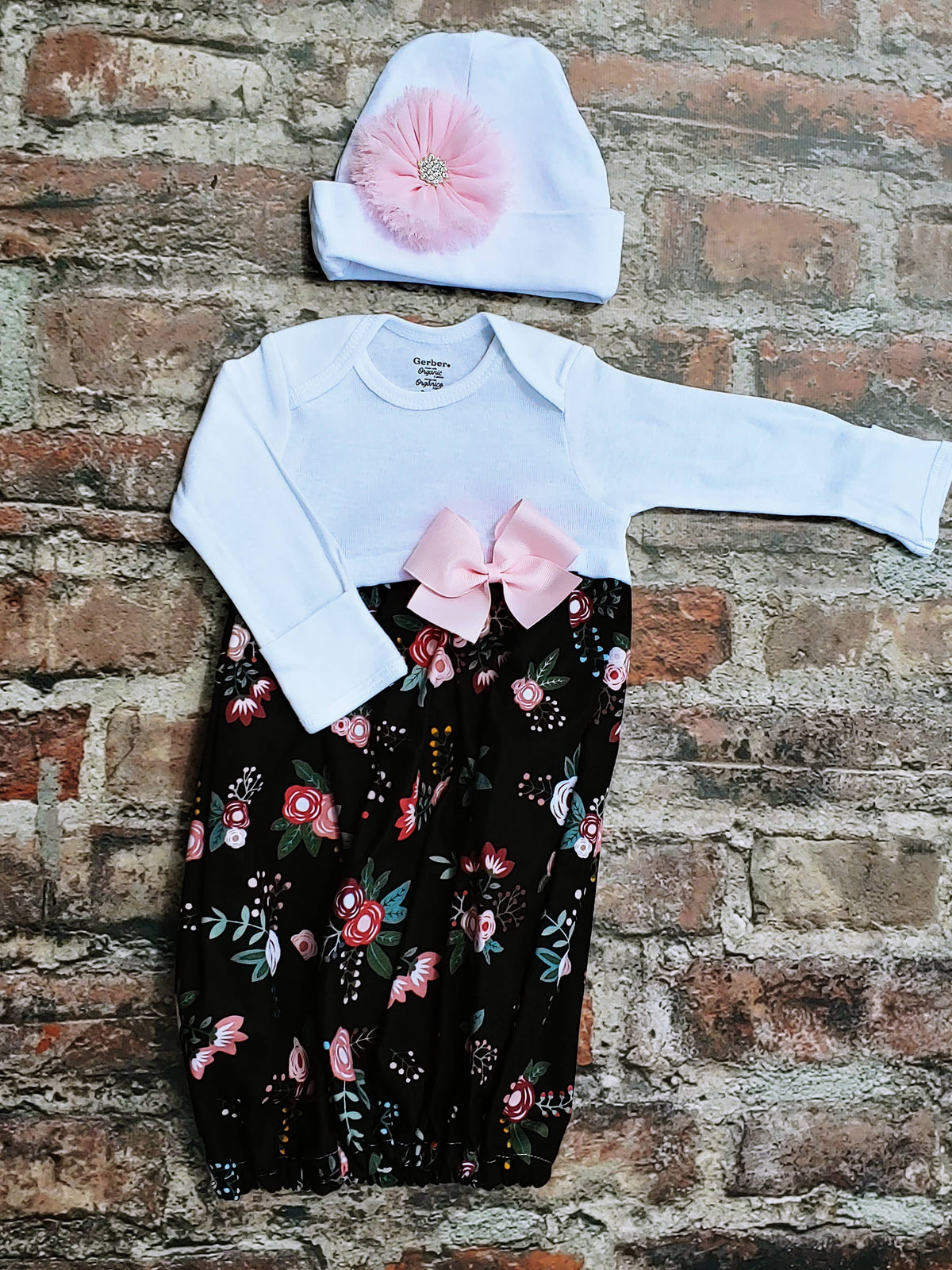 Floral Layette Gown with Pink Side Bow
