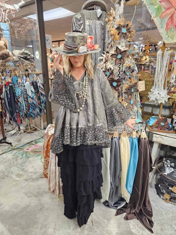 Silver Distressed Satin Lace Tunic:
