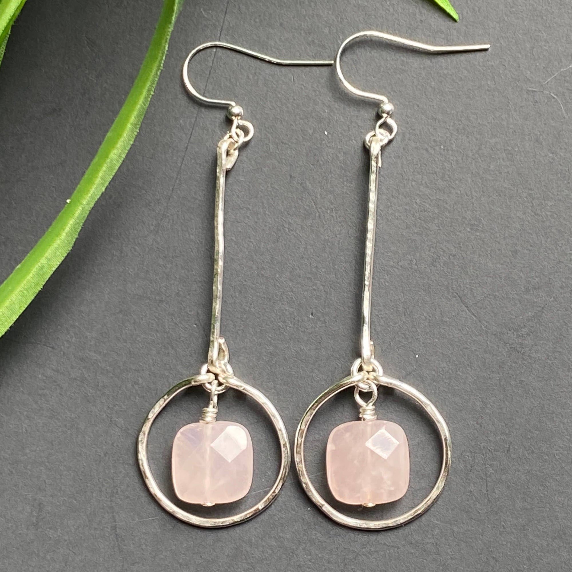 Rose - Silver Rose Quartz Hammered Hoop and Bar Earrings