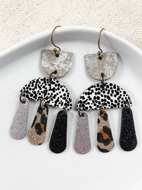 Black &amp; White Chandeliers | leather leopard print earrings