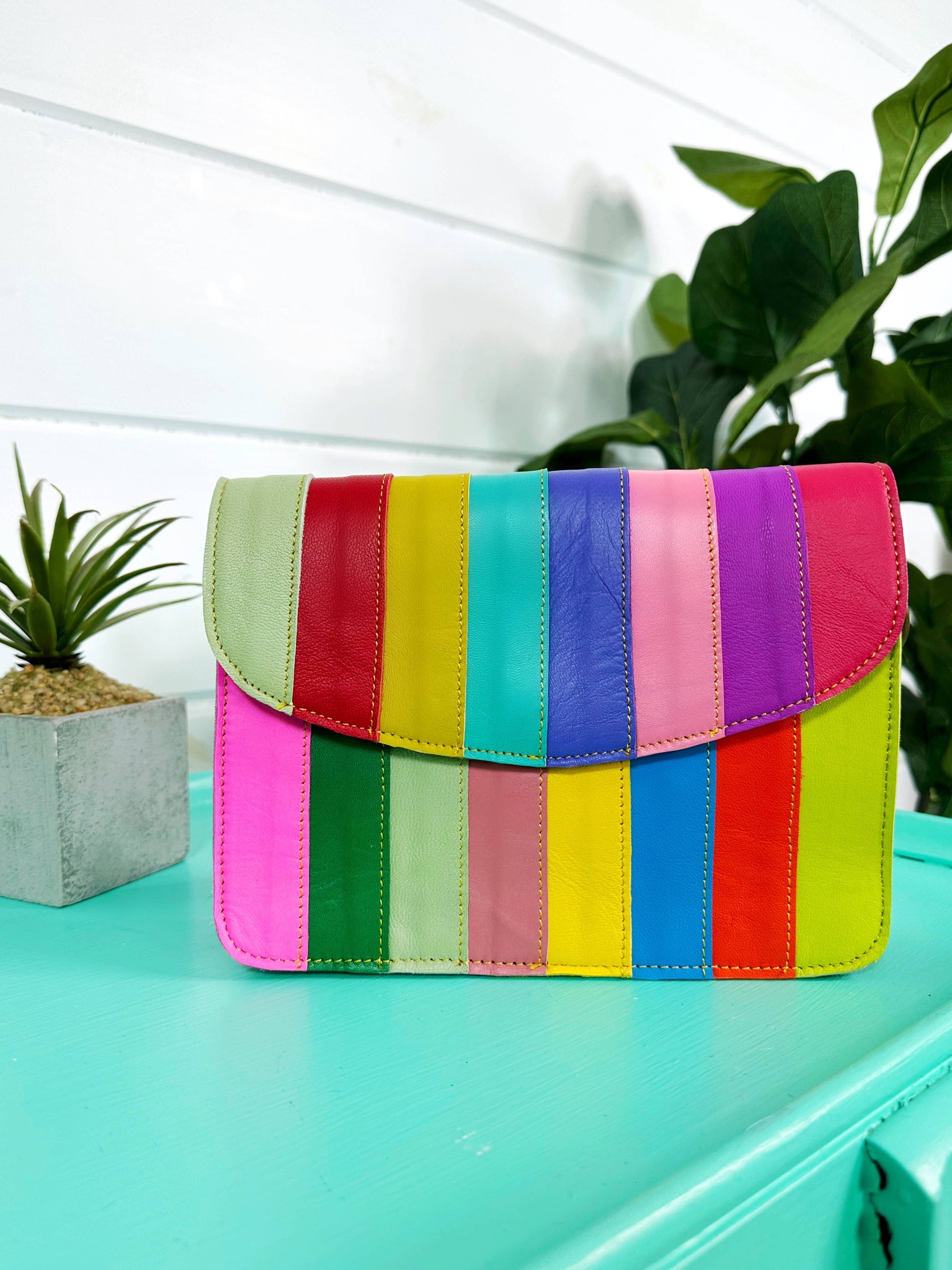 Crossbody Bag Purse - Flora Rainbow Colorful Striped Leather Crossbody Bag Purse