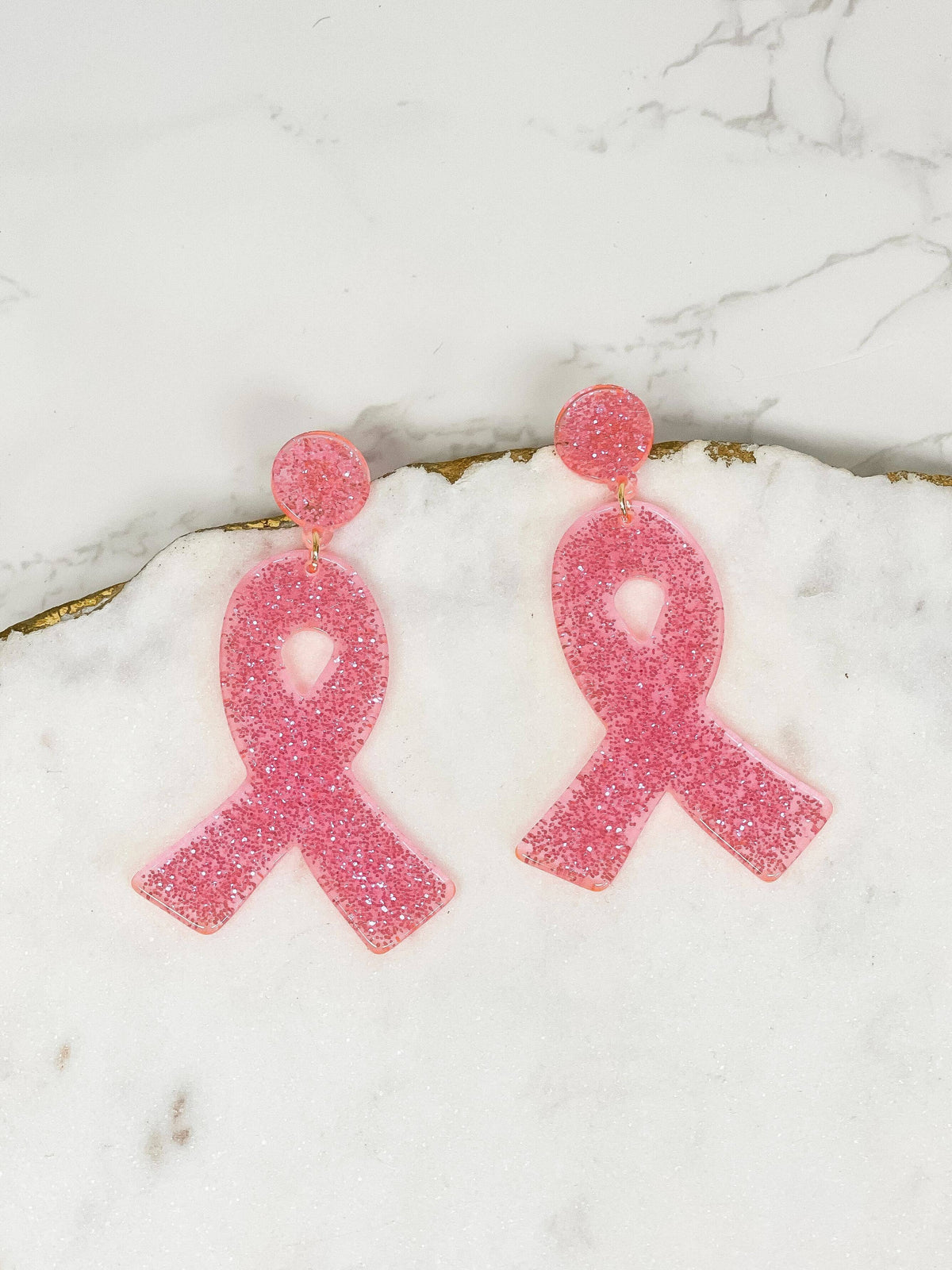 Pink Ribbon Glitter Dangle Earrings