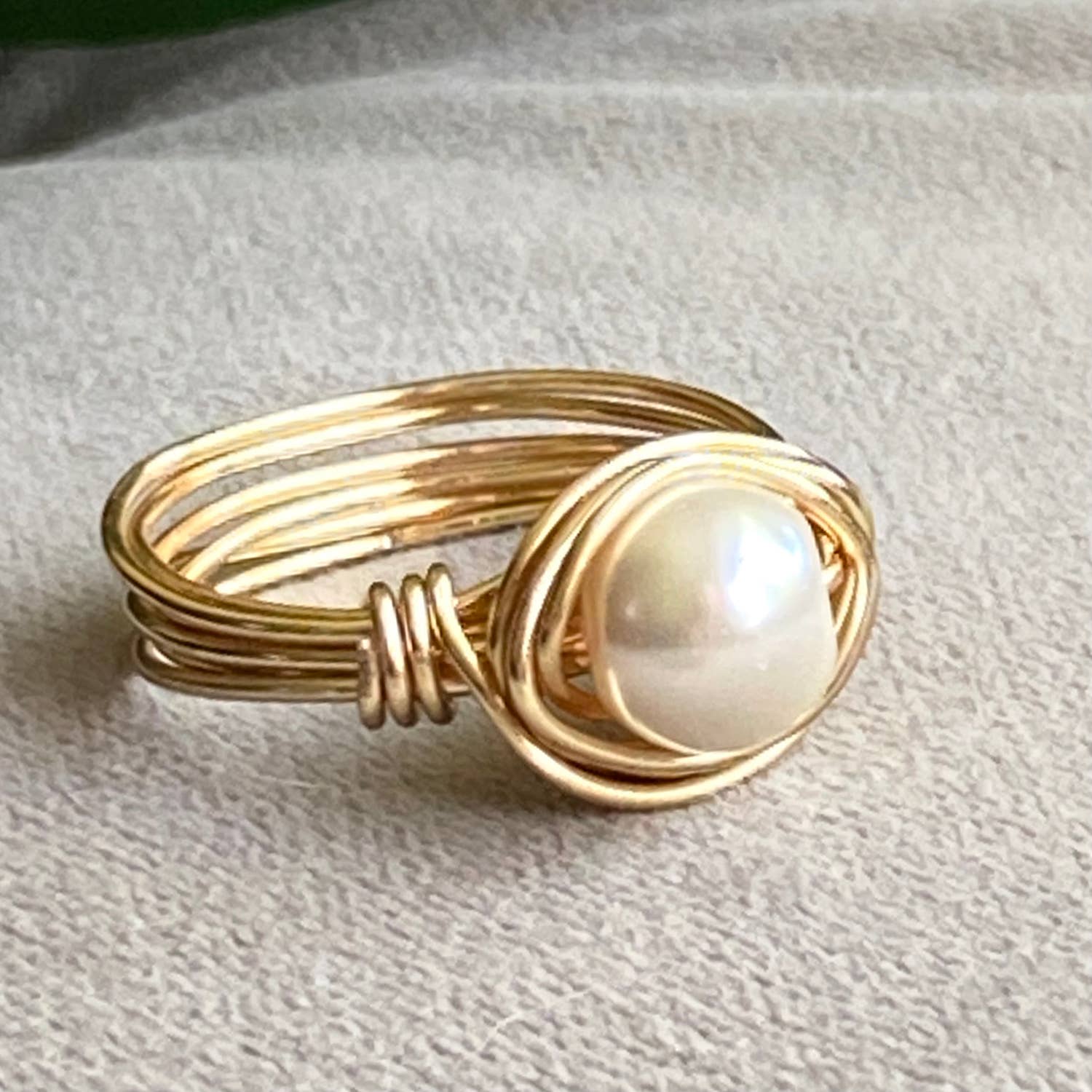 Pearl Gold or Silver Wire Wrapped Ring Cream