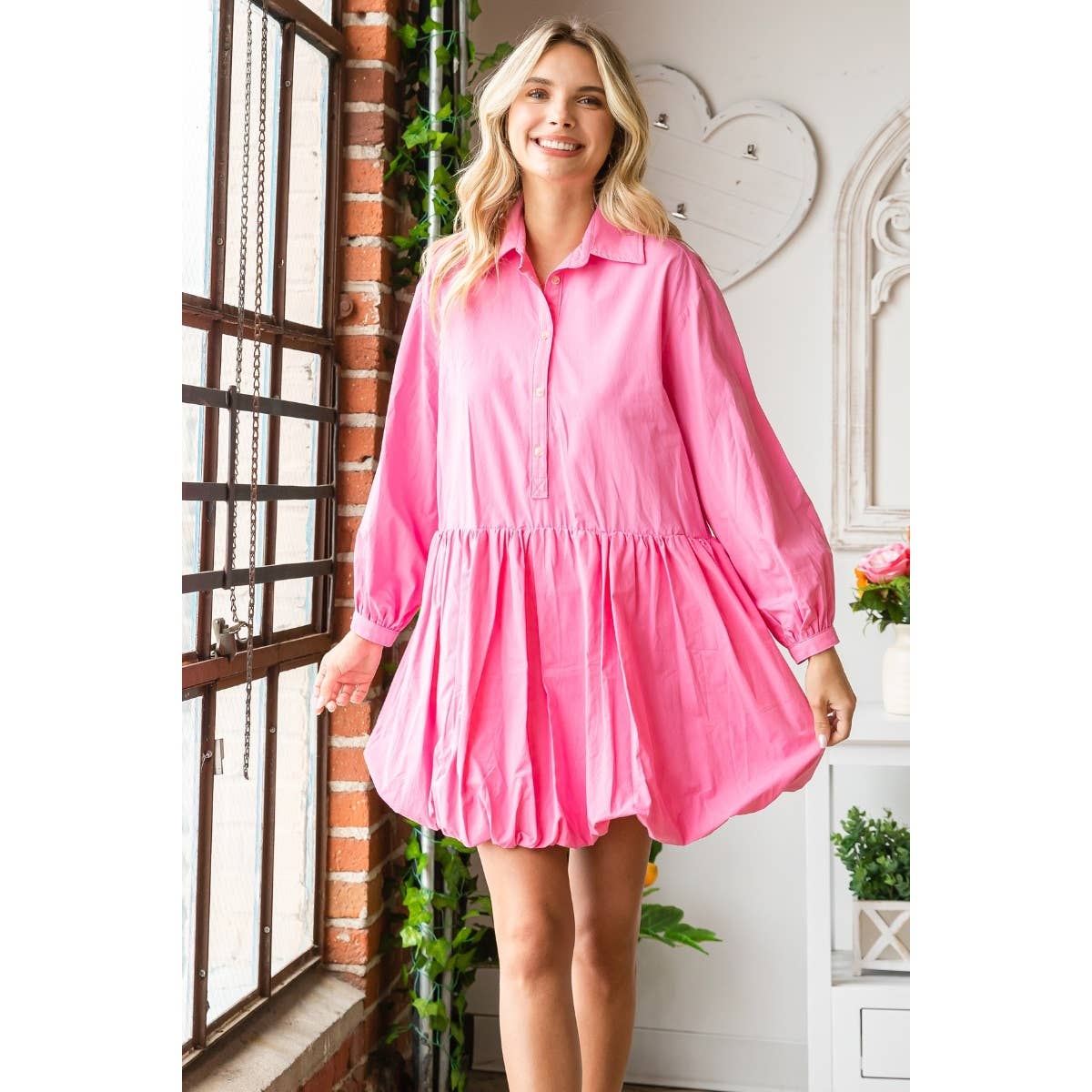 Poplin Collared Button Up Shirts Dress: Pink / S