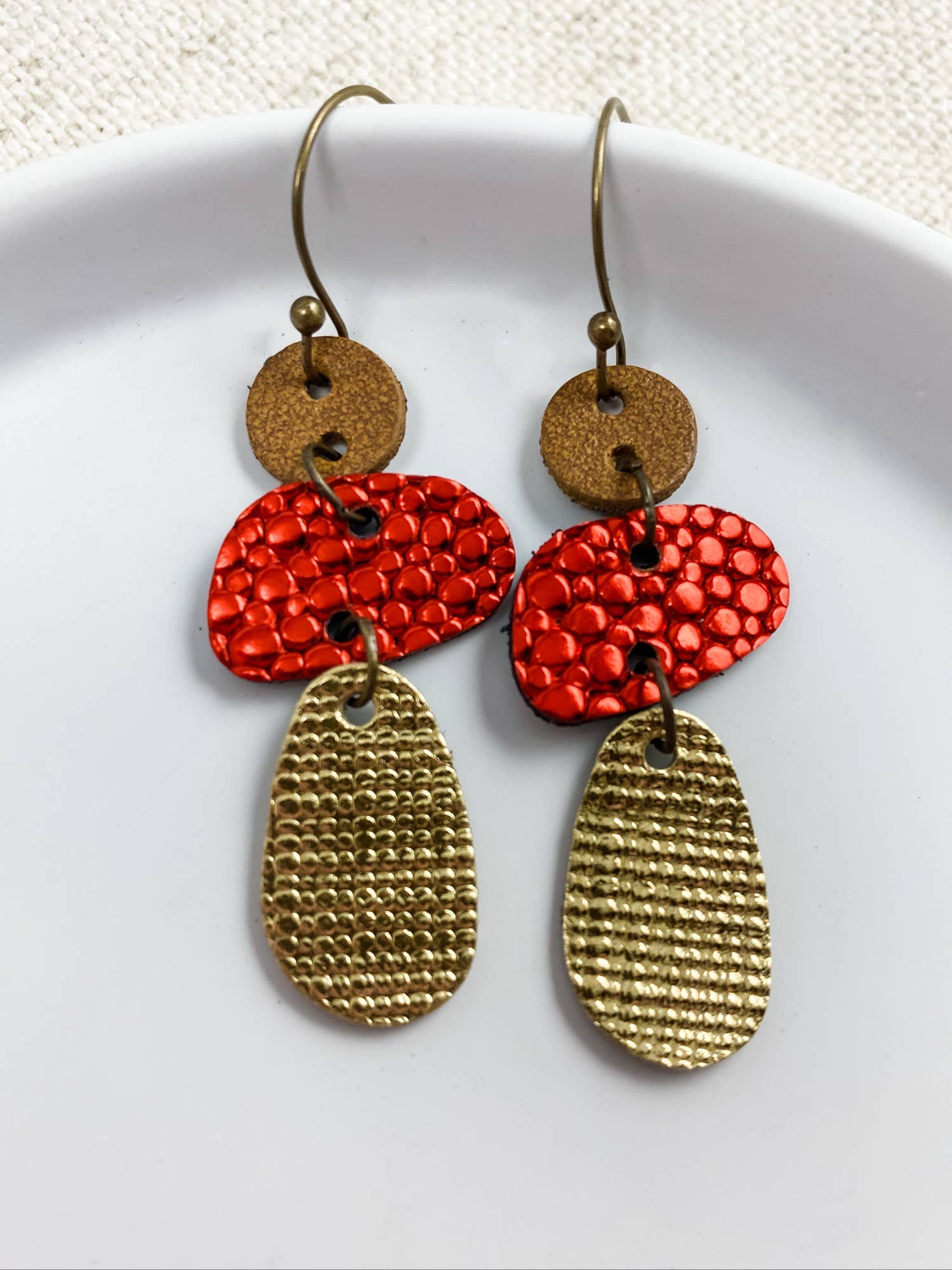 Red & Gold Geometric Drops | trendy small leather earrings
