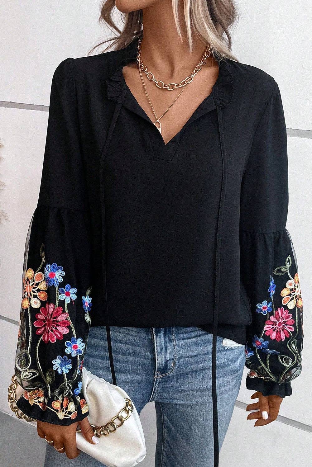 Floral Patched Flounce Sleeve Split Neck Blouse: Black