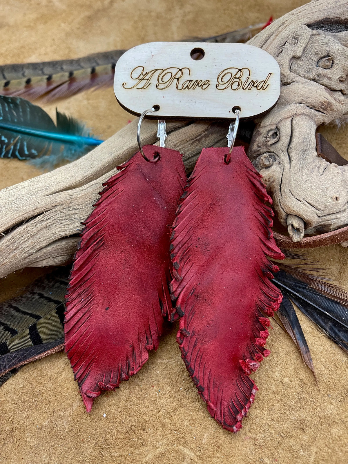 Hand-cut Red Leather Feather Earrings