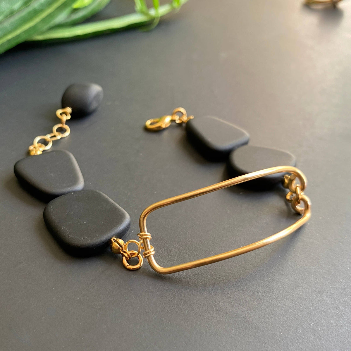 Black - Sea Glass Look Bracelet Black - Silver Rectangle Connector