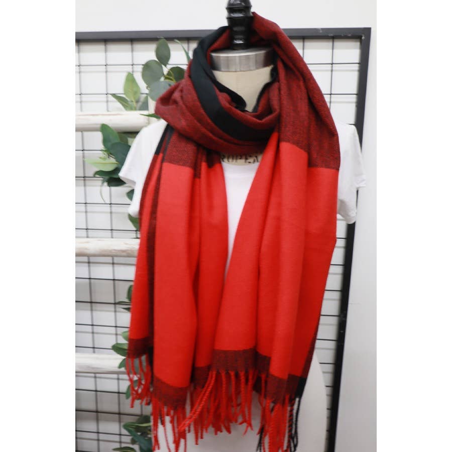 Two Tone Plaid Cashmere Scarf With Tassel: RED PLAID